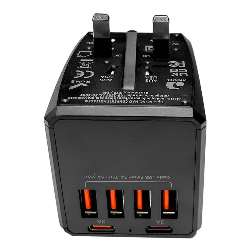 Adaptador Portátil Universal De Tomada Com 4 Usb E 2 Usb-c Carregamento Rápido 36w