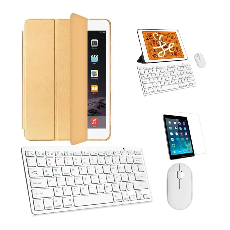 Kit Capa Smart Case Dourado / Teclado E Mouse Branco E Película Para Tablet 2021 9a Geração 10.2"