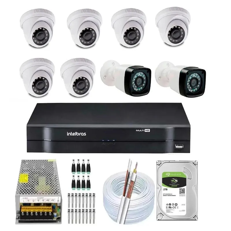 Kit 8 Câmeras Segurança Full HD, 1080p + DVR Intelbras 8ch + HD 2TB