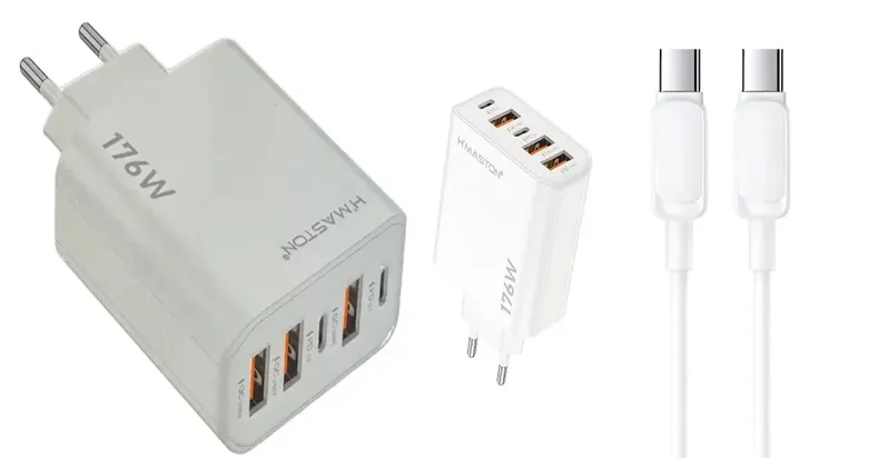 Kit Carregador Turbo 176w Com 5 Portas 2 Usb-c + 3 Usb-a + Cabo Tpo Usb-c Para Tipo-c De Alta Velocidade