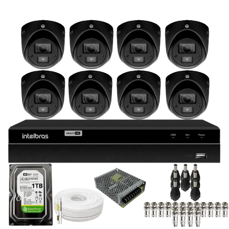 Kit 8 Câmeras Intelbras Bullet 3220b Full Color Com Áudio Dvr Intelbras 1216-c Mhdx Com Acesso Remoto Hd 1TB