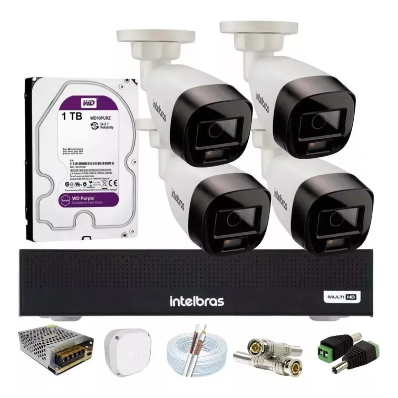 Kit 4 Cameras Segurança Intelbras Full Color Vhd 1120b Dvr 4ch Full C/ Purple 1t