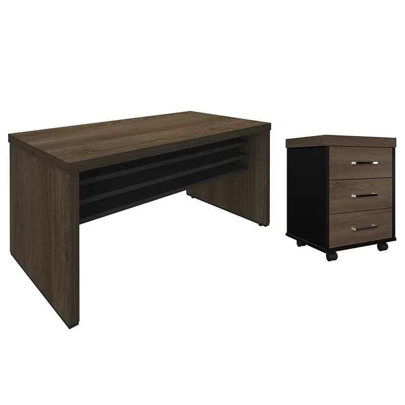 Mesa Para Escritório 4 Gavetas Lado Direito E Mesa Auxiliar Corp A06 Charuto/preto - Mpozenato