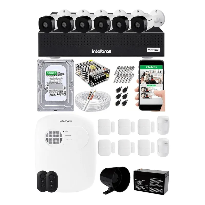 Kit Cftv 6 Câmeras Intelbras + Alarme Residencial + DVR stand alone, 8 canais mhdx