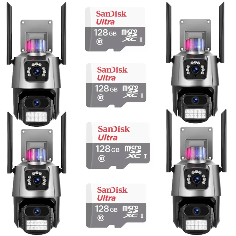 Kit 4 Câmera De Segurança Externa Lente Dupla 4k LED Sirene Policial Cartão 128GB