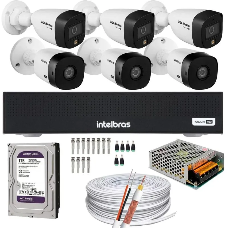Kit Intelbras + 3 Câmeras Full Color + 3 Câmeras 1220b Full HD + DVR Mhdx 1008-c Canais, Com 1TB Purple