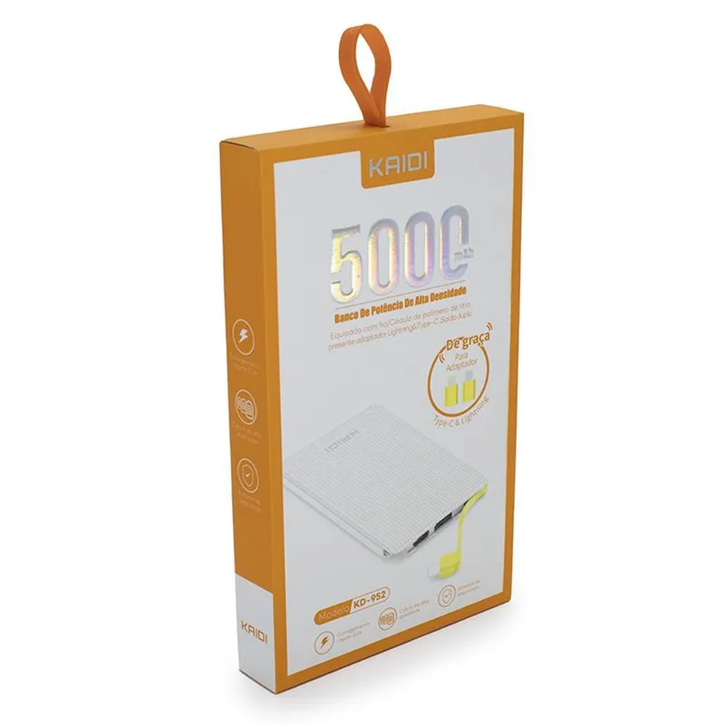 Carregador Portátil Power Bank Kaidi, 5000mAh, Branco E Amarelo - KD-952