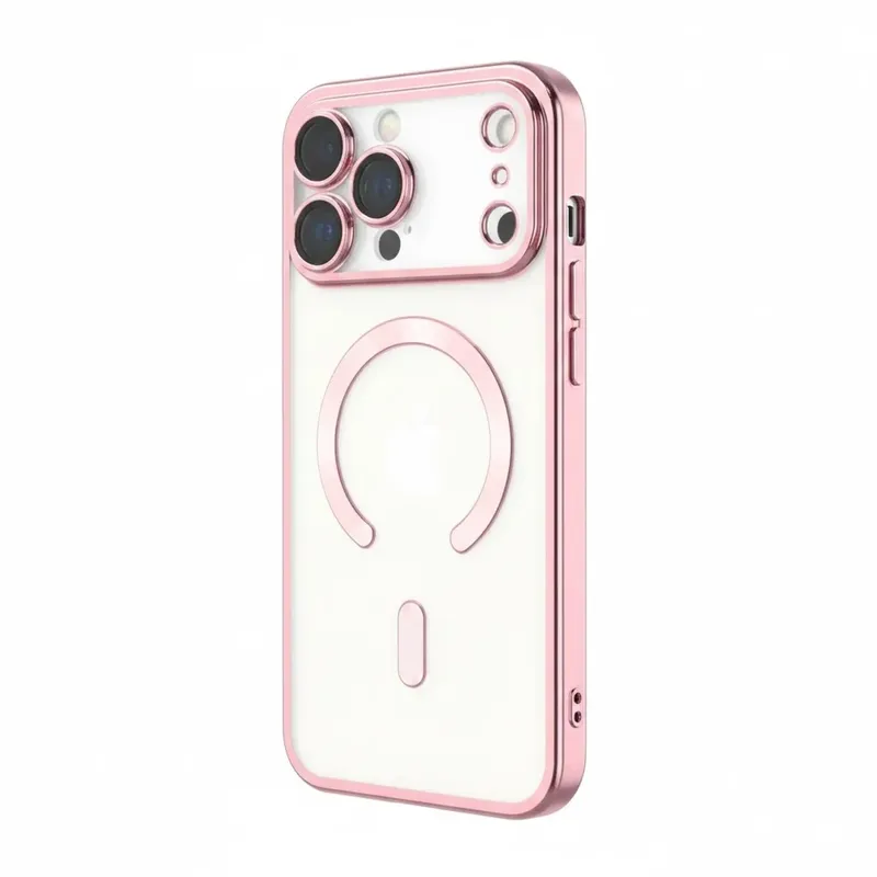 Capa Magnética Compatível com Magsafe para o iPhone 17 Pro Max - Proteção Completa nas Lentes das Câmeras e Carregamento por Aproximação Cor: Rosé