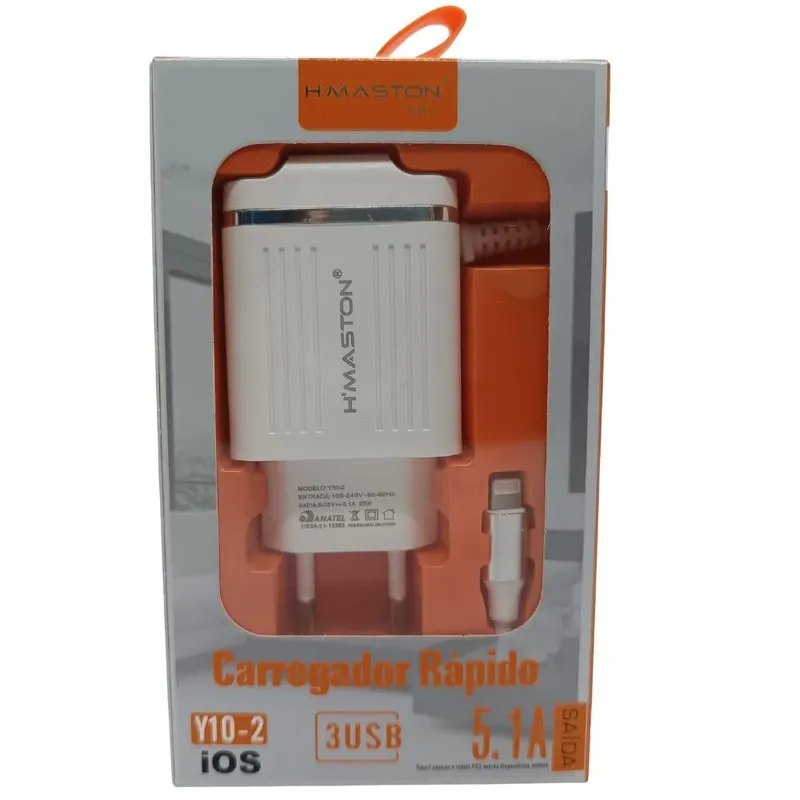 Carregador de Tomada com Cabo USB Pro IOS, 3 Portas, Branco - Y10-2