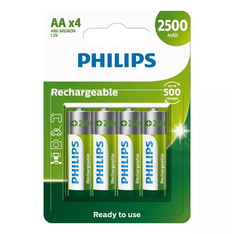Pilha Recarregável AA Philips, 4 Unidades, 2500mAh, 1.2V