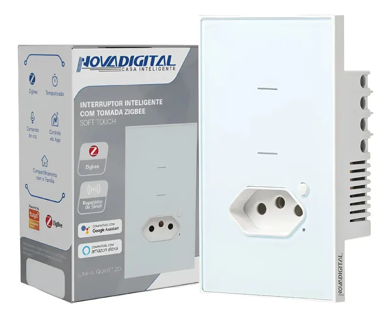 Interruptor Inteligente Zigbee Soft Touch 2 Teclas + Tomada Quartzo Da Novadigital Qz-wk-2w Branco