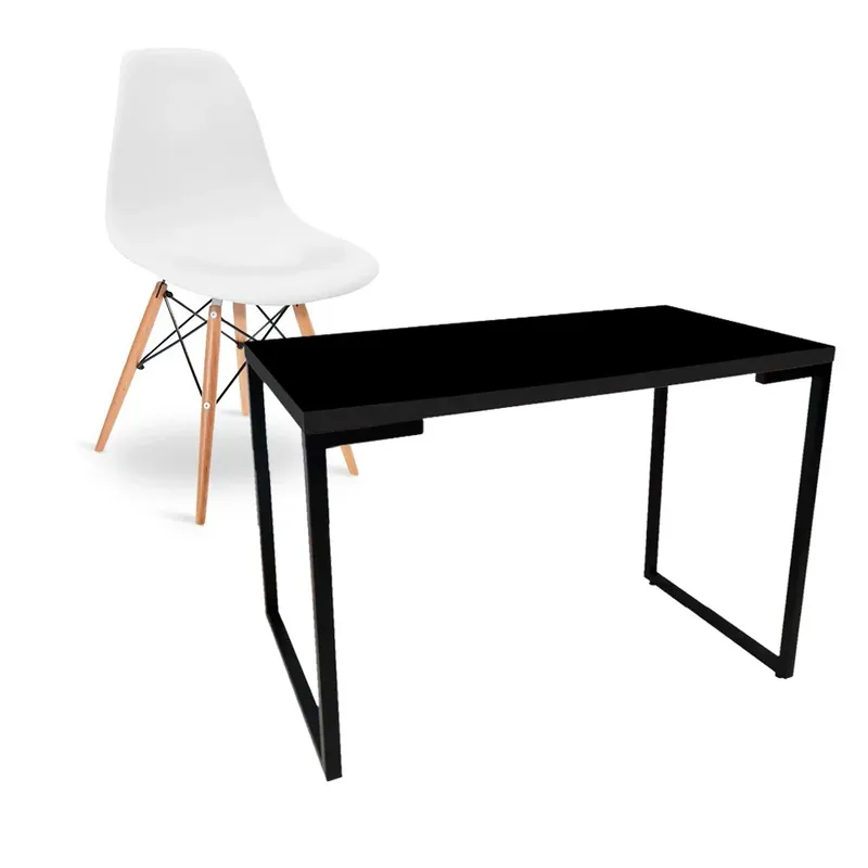 Kit Mesa Para Computador Escrivaninha Porto Preto 120 Cm E Cadeira Eiffel Charles Eames Branco D´rossi
