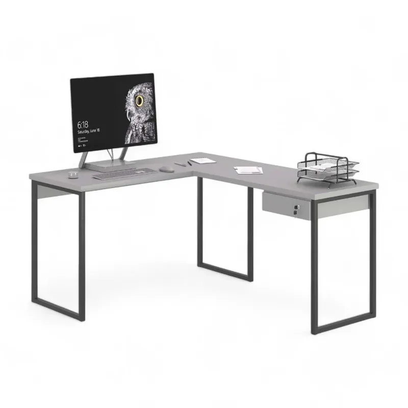 Mesa Home Office Escrivaninha L Industriale Cinza Com Gaveteiro