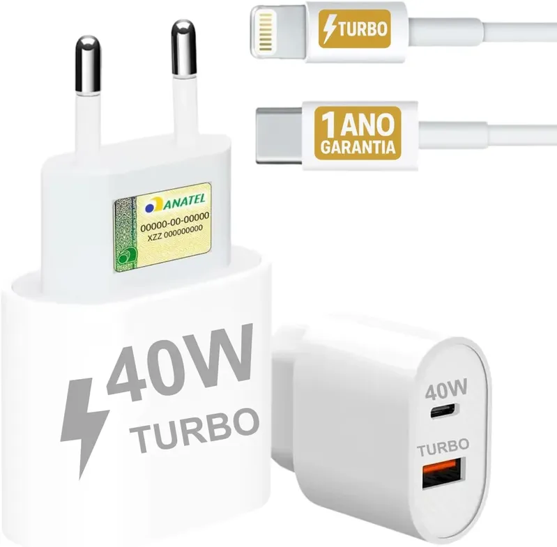 Carregador Turbo 40w Compatível Iphone 7 8 X Xr Xs 11 12 13 14 Pro Max Plus Ipad Ios Cabo Usb-c Lightning Duas Saídas Usb-a Tipo-c Carga Rápida Pd Ult