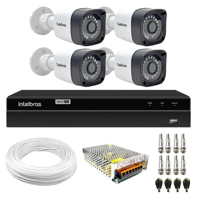 Kit 4 Câmeras Tudo Forte Bullet Full Hd Visão Noturna 20m Ip66 + Dvr Intelbras Mhdx 1204 4 Canais