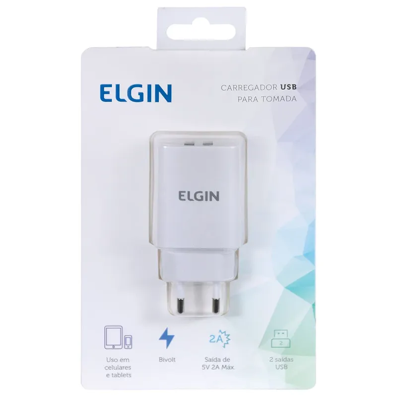 Carregador de Tomada Elgin com 2 Saida USB 5V, 2.1A, BIVOLT
