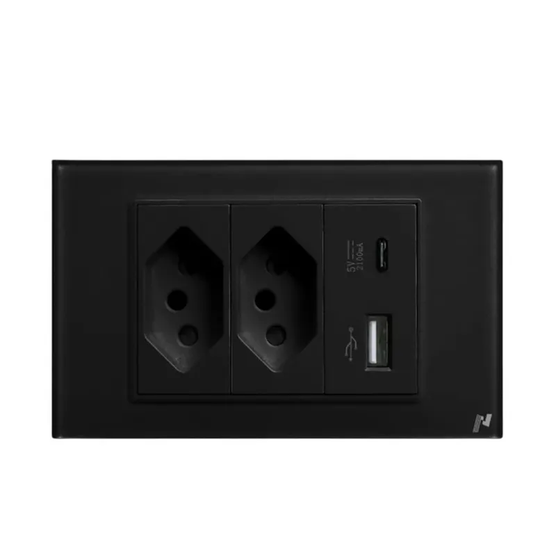 Tomada Dupla Usb Usbc Novadigital 10a 16a 20a 4x2 Vidro Temperado Embutir Sem Wifi Wk-usbc Preta