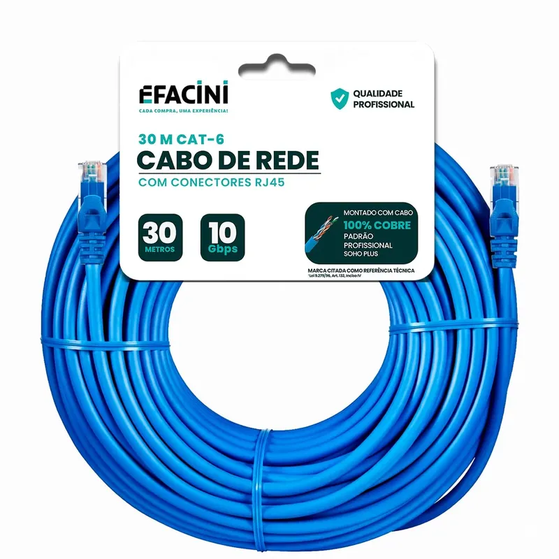 Cabo De Rede Efacini Vermelho Cat6 Ef-Connect 100% Cobre, Anatel 30 Metros