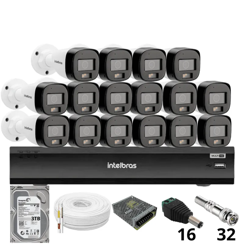 Kit 16 Câmeras Intelbras 3220b Full Color Com Áudio Dvr Intelbras Imhdx 3132 Inteligência Artificial Hd 3TB