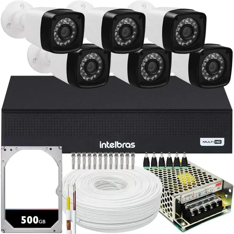 Kit Intelbras, 6 Câmeras De Segurança HD, 2MP + DVR 1008-c, FULL HD, 8 Canais, HD 500GB