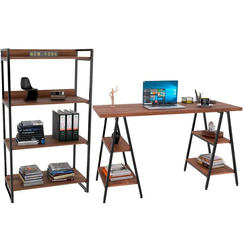Kit Mesa Cavalete 150 Cm Com Estante 5 Prateleiras Estilo Industrial Form C01 Nogal - Lyam Decor
