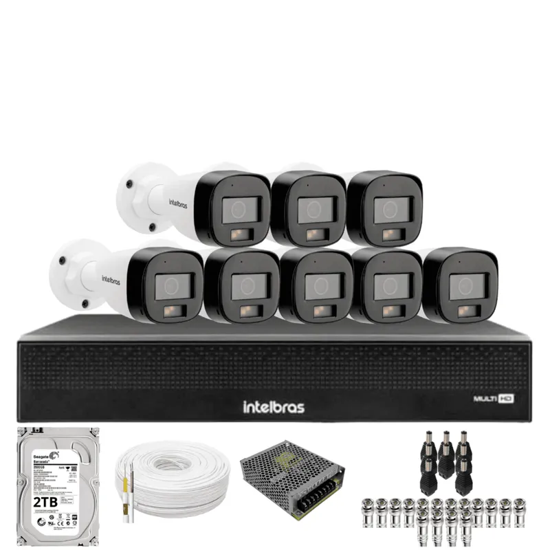 Kit 8 Câmeras Intelbras 3220b Full Color Com Áudio Dvr Mhdx 1016-c Intelbras Com Detecção De Movimentos Hd 2TB