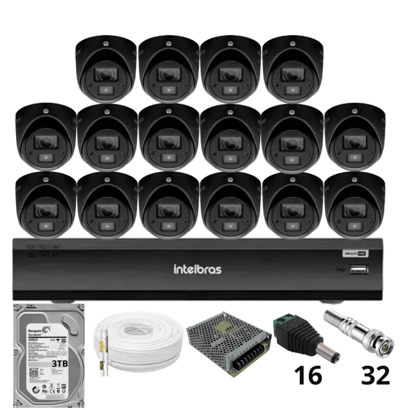 Kit 16 Câmeras Intelbras 3220d Mini Black Com Áudio Dvr Intelbras Imhdx 3132 Inteligência Artificial Hd 3TB