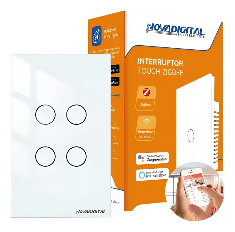 Interruptor Inteligente Zigbee 4 Botões Touch Compatível Alexa Tuya Smart Life Novadigital Branco