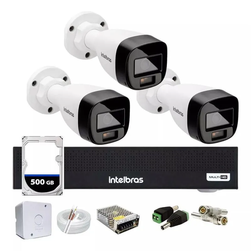 Kit 3 Cameras Segurança Intelbras Full Color Vhd 1120b Dvr 4ch Full C/ Hd 500gb .