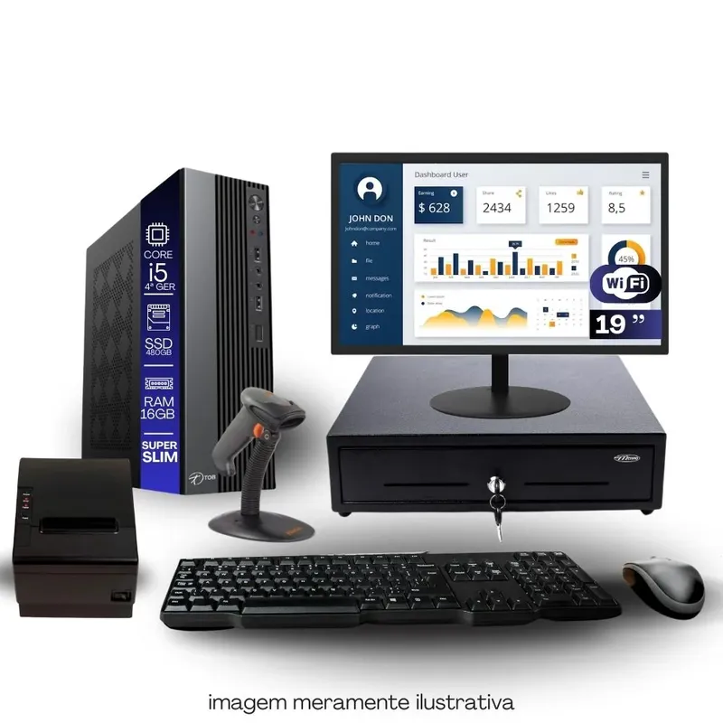 Kit Automação Pdv Tob Intel I5 4ªg 16gb SSD 480GB Win10 Rede S/fio Teclado Mouse Gaveta Dinheiro Impressora Térmica Leitor Código De Barras