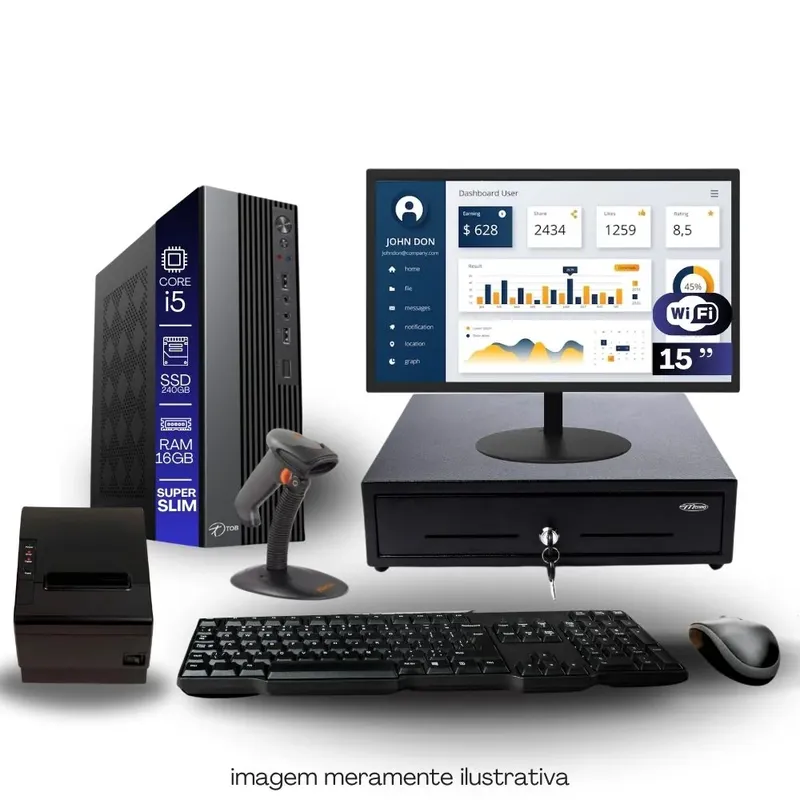 Kit Automação Pdv Tob Intel I5 4ªg 16gb SSD 480GB Win10 Rede S/fio Teclado Mouse Gaveta Dinheiro Impressora Térmica Leitor Código De Barras