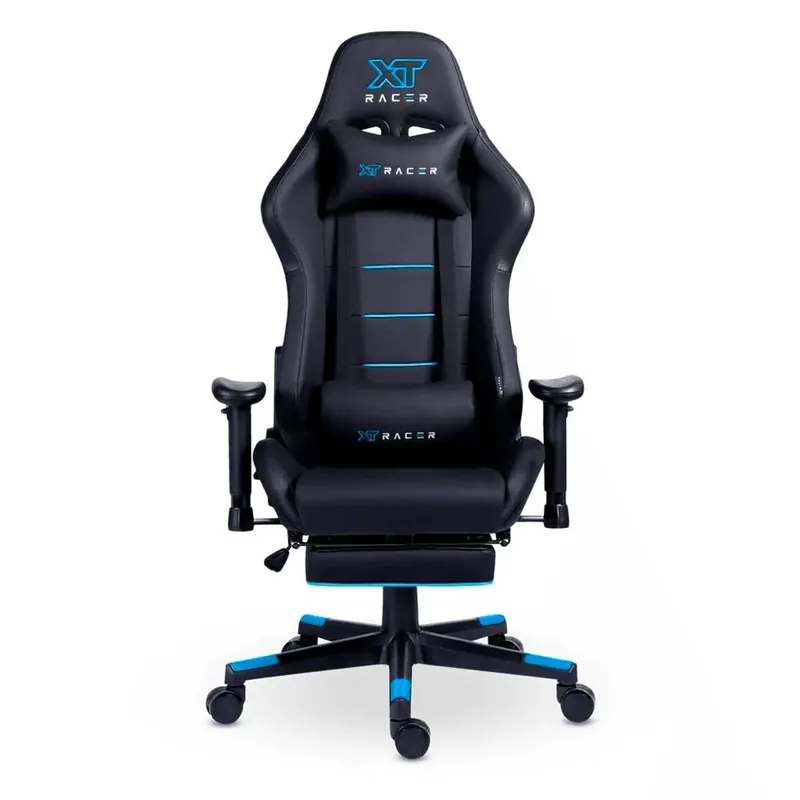 Cadeira Gamer XT Racer Attack, Até 120Kg, Reclinável, Apoio de Pés Retrátil, Cilindro de Gás Classe 4, Couro PU, Preta e Azul - XTR-058