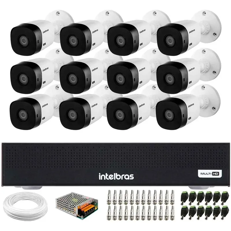 Kit 12 Câmeras Intelbras Vhl 1120 B Hd 720p Visão Noturna 20m + Dvr Intelbras Mhdx 1016-c 16 Canais