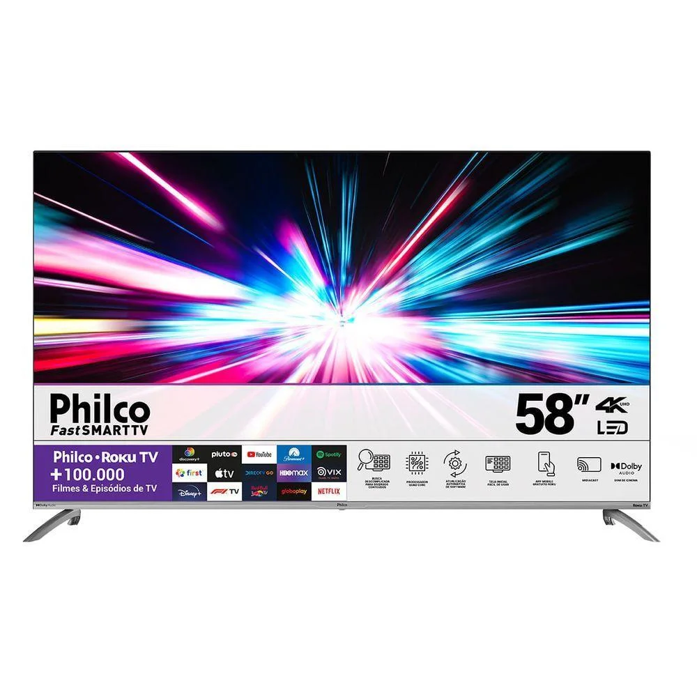 Smart Tv 58" Philco 4K LED, Roku, Dolby Audio, Bivolt - Ptv58g7ur2csbl