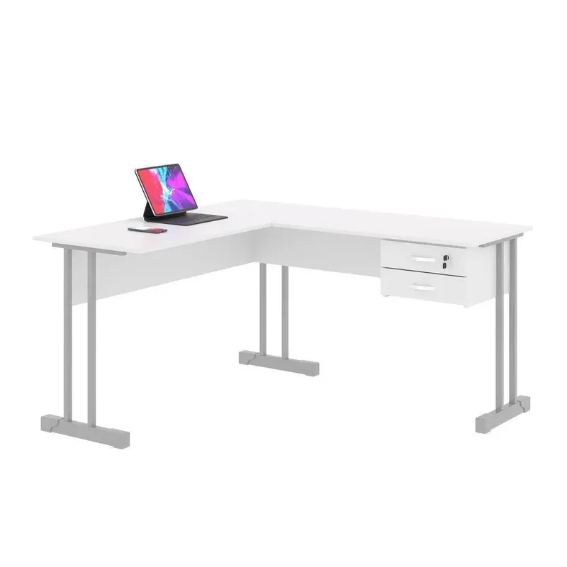 Mesa De Em L Com Gaveta Lima Branco Cinza