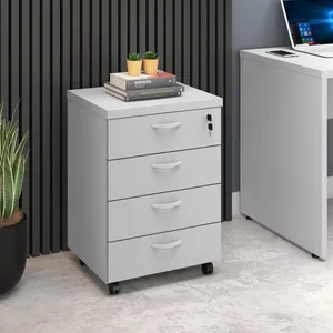 Gaveteiro Escritório Home Office, 4 Gavetas, Rodas Cinza Liso