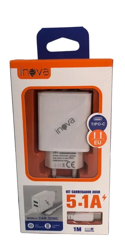 Carregador 3usb 5.1a Tipo C Inova Car-3250c Branco