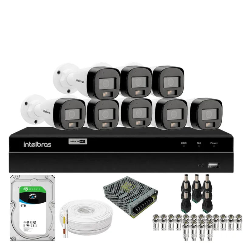 Kit 8 Câmeras Intelbras Bullet 3220b Full Color Com Áudio Dvr Intelbras 1216-c Mhdx Com Acesso Remoto Hd 6tb