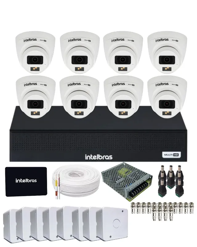 Kit Cftv Intelbras 8 Câmeras Vhd 3220d Full Color Com Áudio Dvr Intelbras 1108-c SSD 512gb Instalado.
