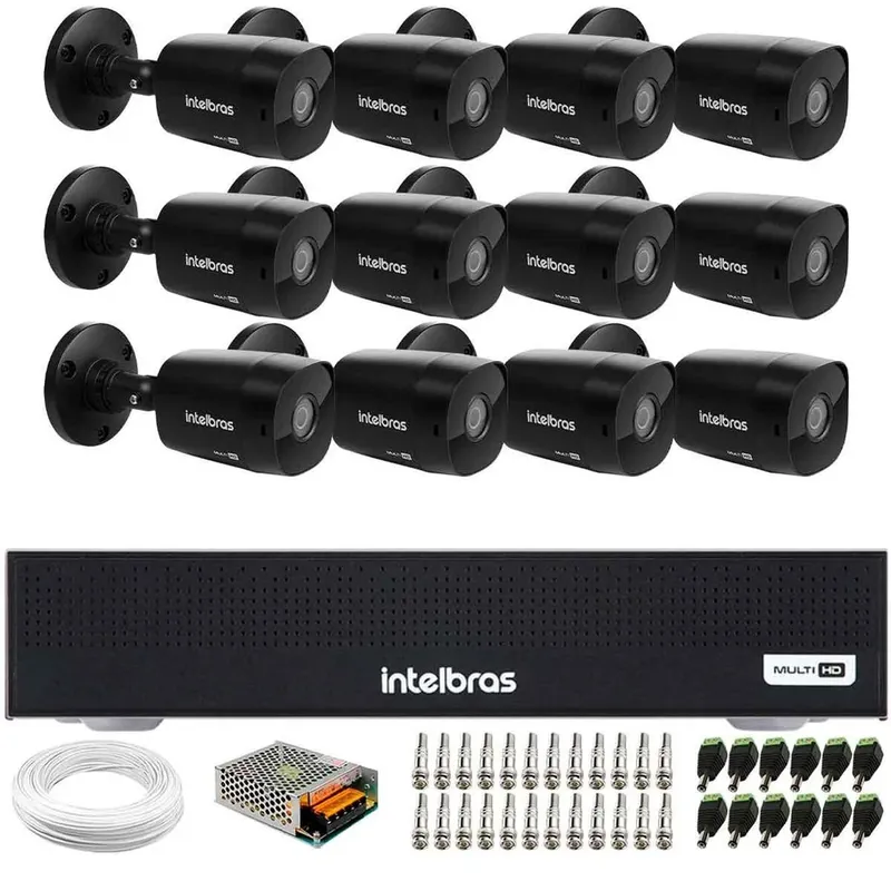 Kit 12 Câmeras Intelbras Vhd 1230b Full Hd Black G7 Visão Noturna 30m Ip67 Dvr Mhdx 1016c 16 Canais