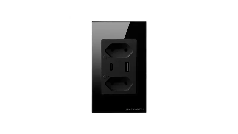 Tomada Inteligente WiFi com Porta USB e Tipo C Tomada dupla Compatível com Alexa Google Tuya e Smart Life - Preta