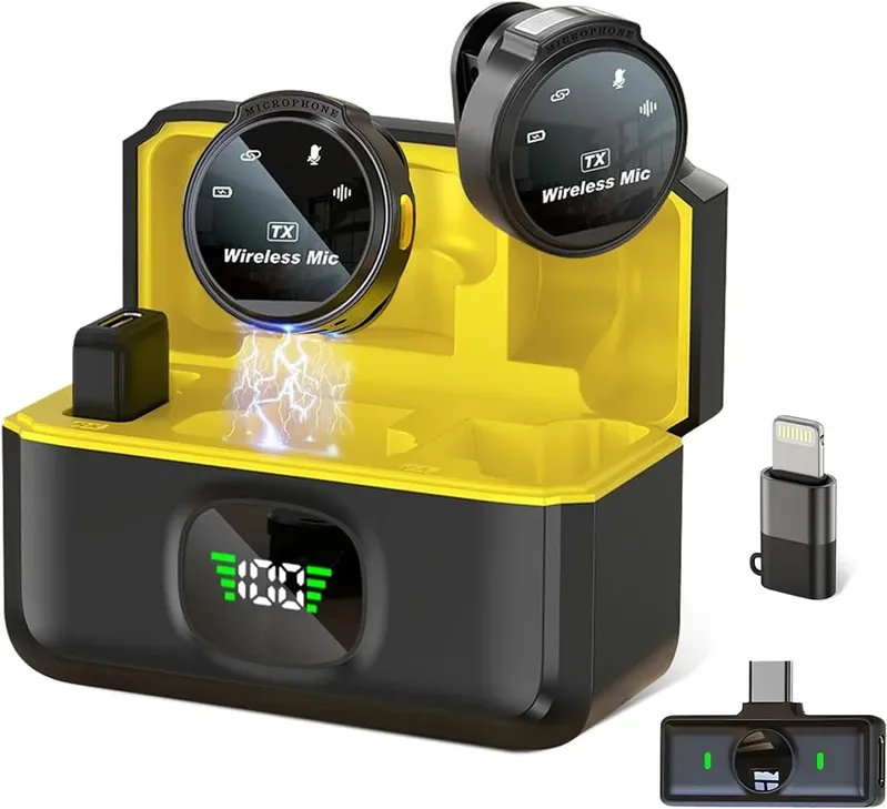 Microfone De Lapela Sem Fio Profissional Com Base De Carregamento, Display LED, Com Lightning/usb