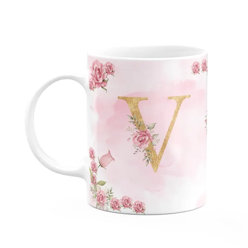 Caneca Floral Mães - Inicial Do Nome Letra V - 325ml