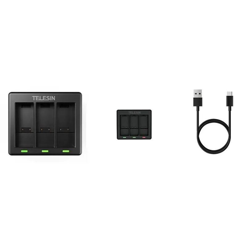 Carregador Triplo Preto Para Gopro 9, 10 E 11 Black - Telesin