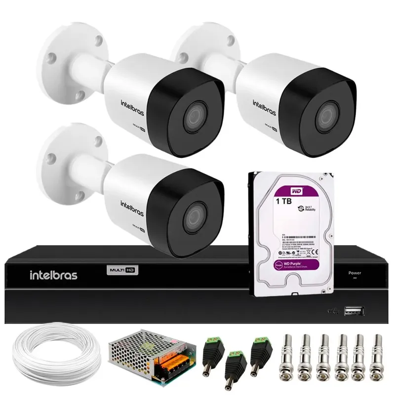 Kit 3 Câmeras Bullet Hd 720p Vhd 3130 B G6 3.6mm 30m Ip67 Dvr Gravador Intelbras Mhdx 1204 4 Canais