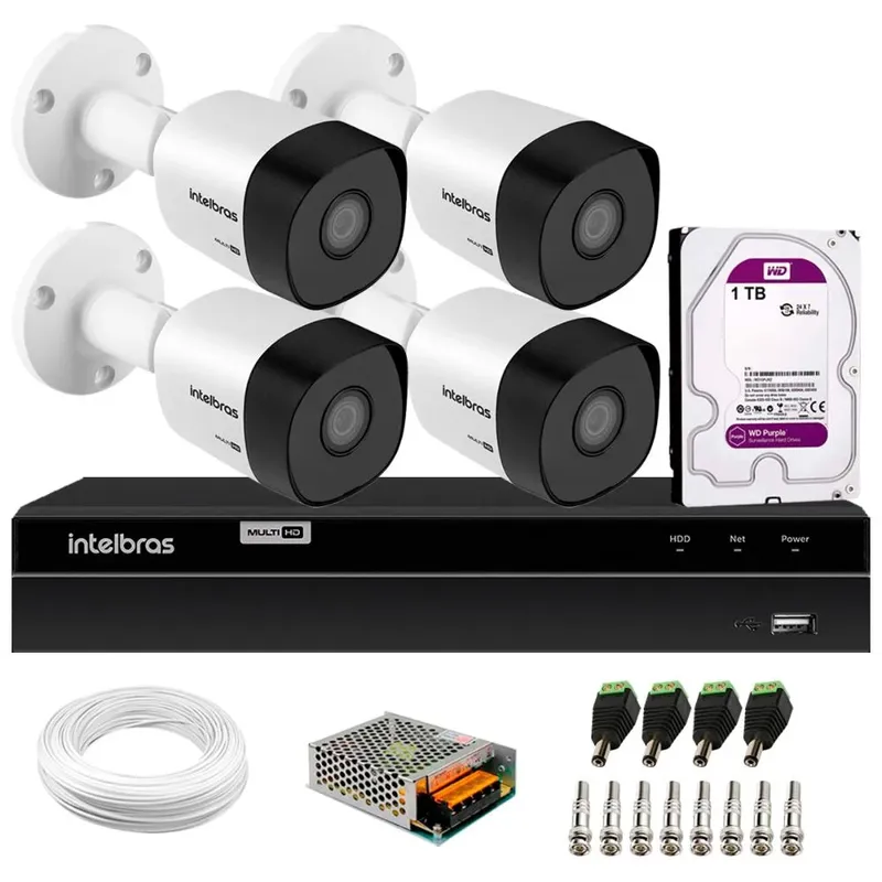 Kit 3 Câmeras Segurança Bullet, Hd Vhd 3130 B 30m Ip67, Dvr Inteligente Intelbras Mhdx 1204 4 Canais