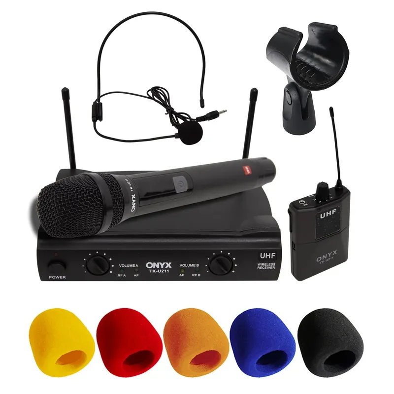 Kit Microfone Sem Fio Duplo Mão E Headset Tk U211 Uhf Com Suporte B18a E Espuma Onyx