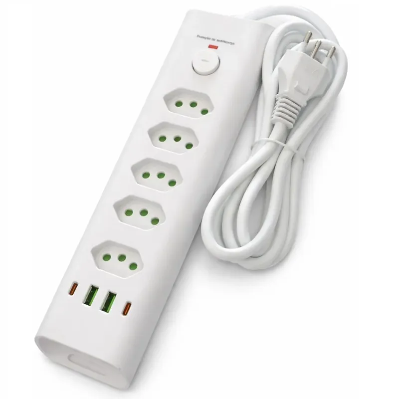 Filtro De Linha Com 5 Tomadas 10a 20a + Dps, Extensão Elétrica Bivolt Tripolar, Regua Com 4 Usb, Usb Tipo C Cabo 2m