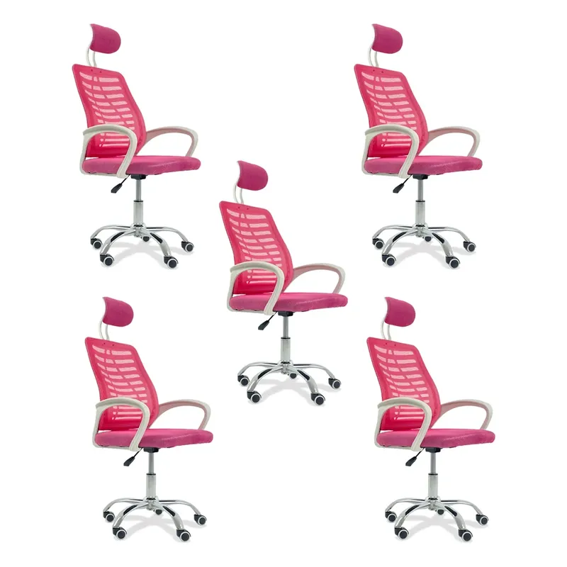 Kit 5 Cadeiras Escritório Diretor Oficial Tela Mesh Com Encosto Rosa