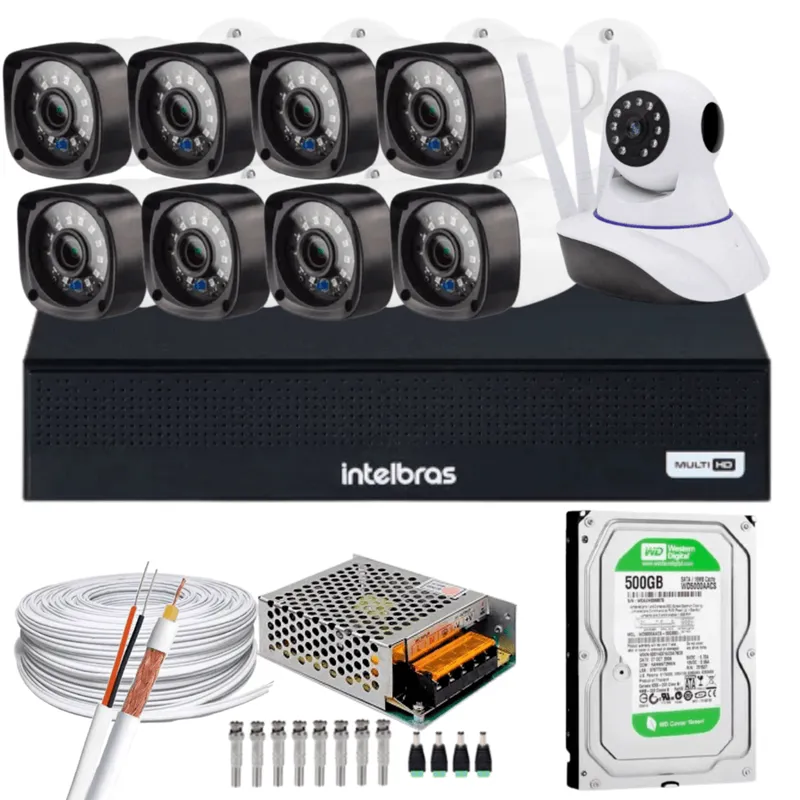 Kit Dvr Intelbras, 8 Canais, H.265, 500GB, 8 Câmeras, FULL HD, 20 Metros + 1 Câmeras Ip, C/audio